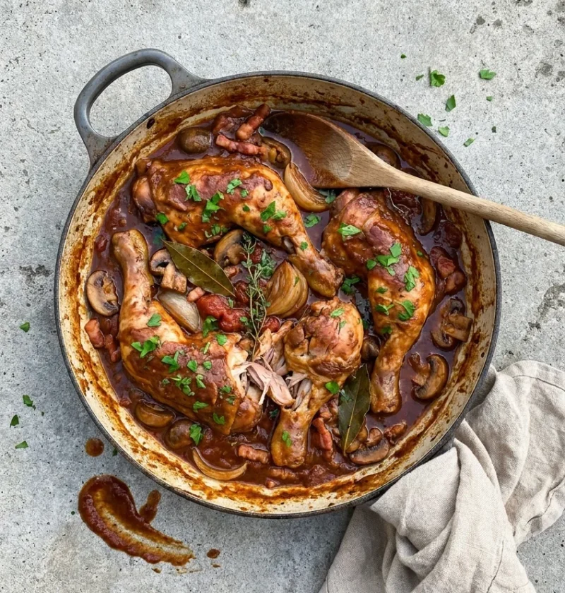 Chicken cacciatore in a cast iron pan with chicken legs in a dark red wine and tomato sauce with mushrooms, onion wedges, bacon, bay leaves, and parsley