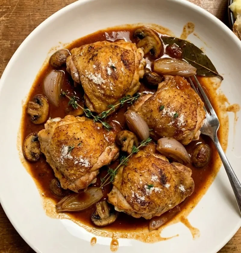 Chicken chasseur with flour-dusted thighs in a glossy wine sauce with mushrooms, shallots, thyme, and bay leaf