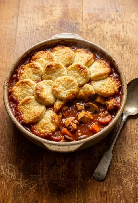 Chicken cobbler with golden risen potato cobbles over a rich tomato chicken and vegetable casserole