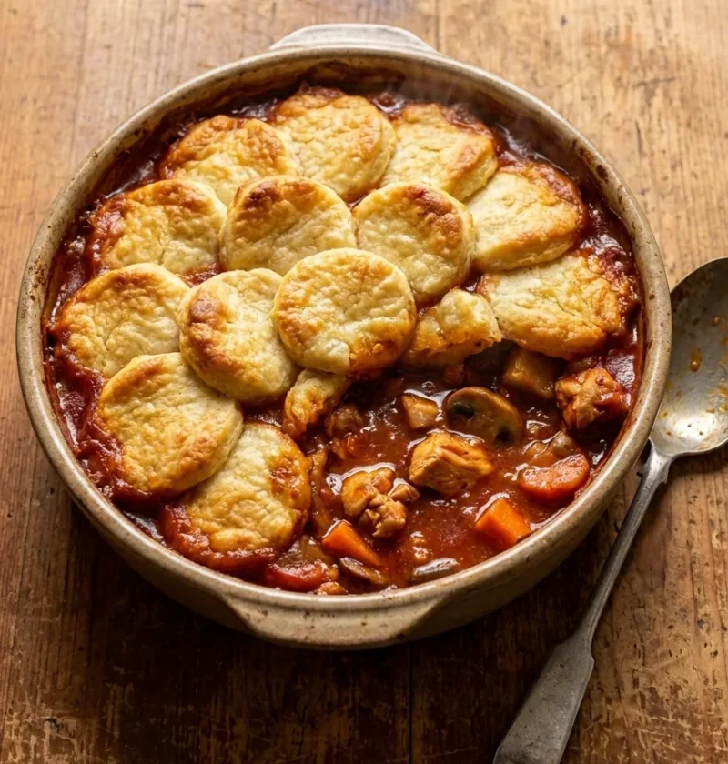Chicken cobbler with golden risen potato cobbles over a rich tomato chicken and vegetable casserole