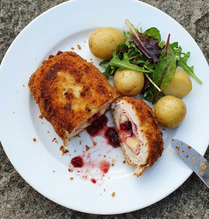 Chicken cordon bleu cut in half on a white plate showing layers of ham, melted Emmental, and cranberry sauce inside a golden double-breaded crust with new potatoes and salad