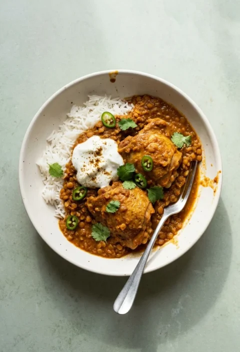 Hairy Bikers chicken dhansak curry with rice, yoghurt and green chilli in a bowl