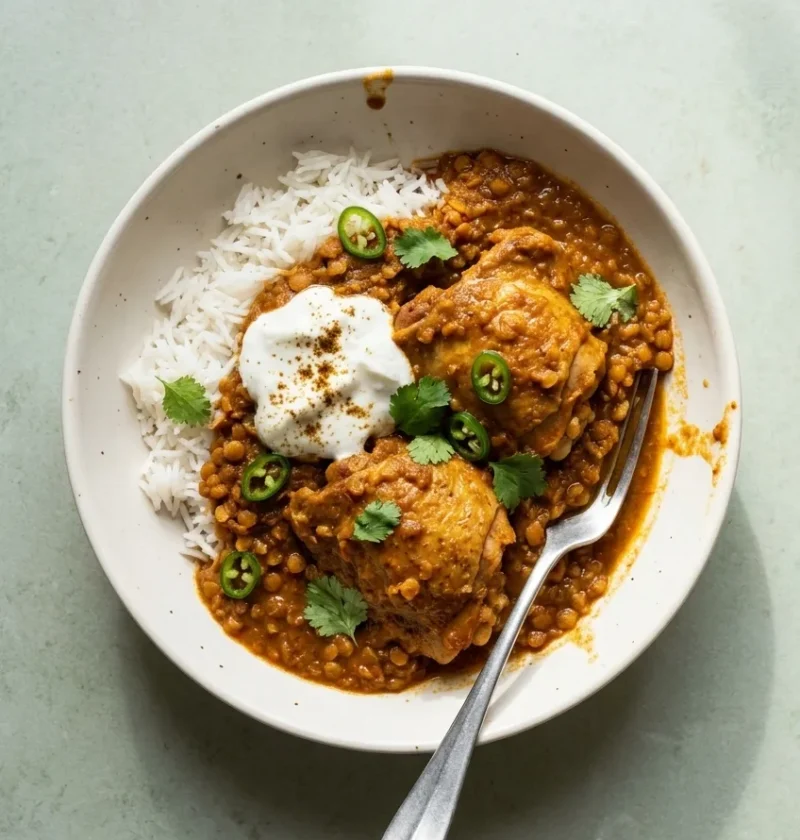 Hairy Bikers chicken dhansak curry with rice, yoghurt and green chilli in a bowl