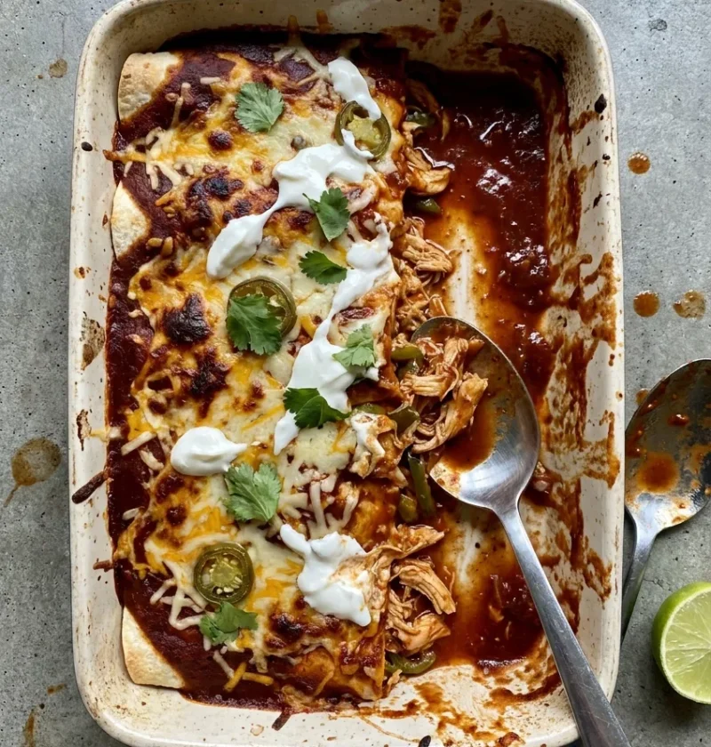 Chicken enchiladas in a baking dish with dark red chipotle sauce, melted Cheddar, soured cream, coriander, and jalapeños with one portion scooped out showing the filling