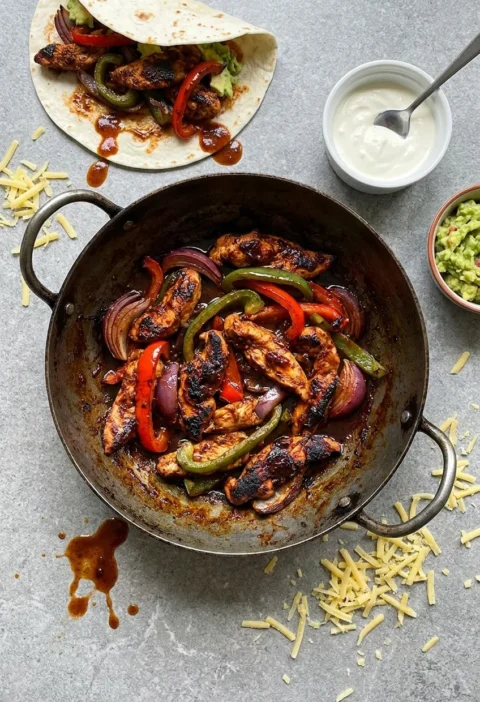 Chicken fajitas in a dark metal pan with charred chicken strips, red and green peppers, and red onion wedges in a chipotle marinade glaze with tortilla, soured cream, cheese, and guacamole around it