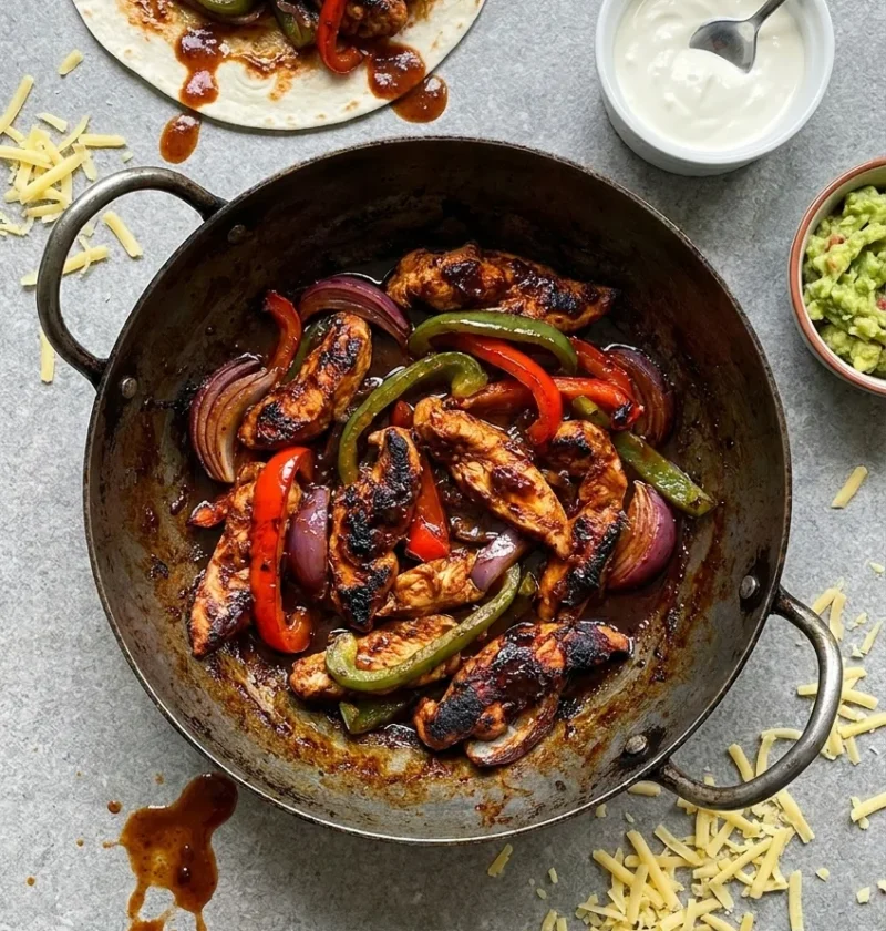 Chicken fajitas in a dark metal pan with charred chicken strips, red and green peppers, and red onion wedges in a chipotle marinade glaze with tortilla, soured cream, cheese, and guacamole around it