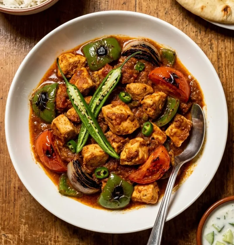 Chicken jalfrezi stir-fry with green chillies, charred peppers, onion wedges, and tomatoes served with rice, naan, and raita