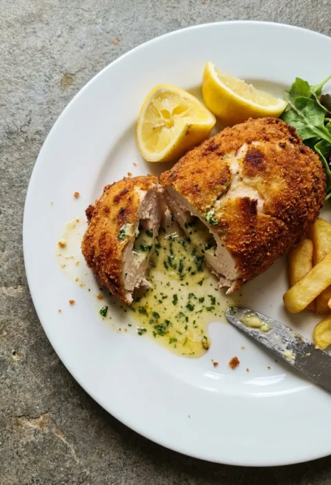 Homemade chicken kiev cut open on a white plate with garlic herb butter oozing out, lemon wedges and salad leaves on the side