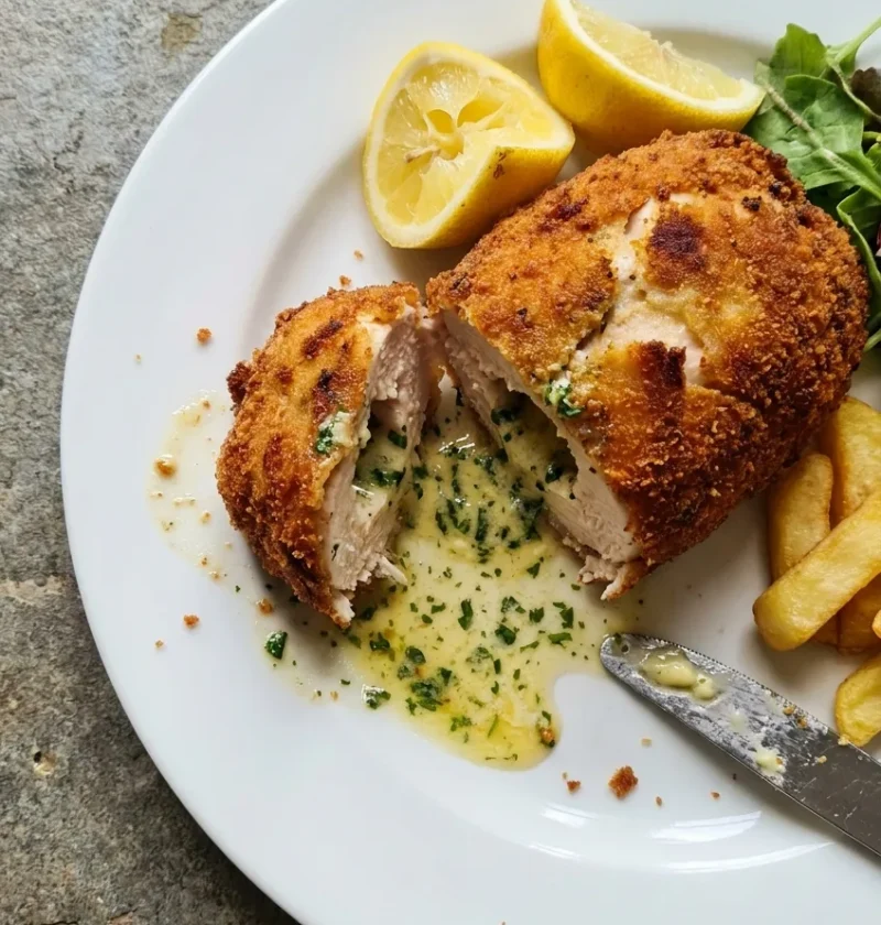 Homemade chicken kiev cut open on a white plate with garlic herb butter oozing out, lemon wedges and salad leaves on the side