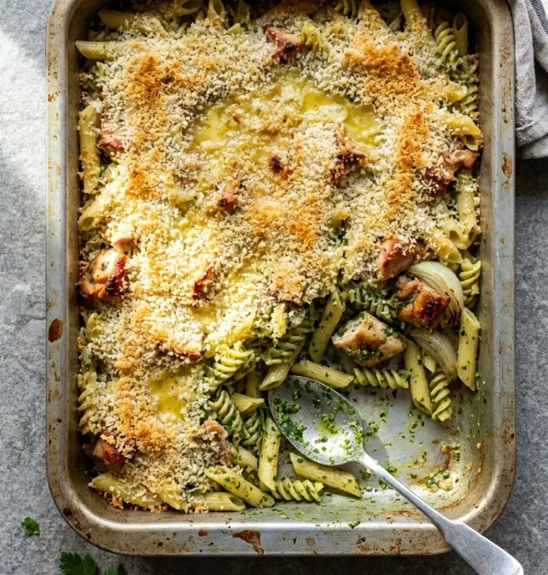 Chicken kiev pasta bake in a metal roasting tin with golden panko breadcrumbs on top and green parsley sauce visible where a portion has been served