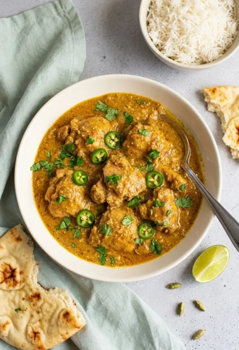 Chicken korma in a creamy golden almond sauce topped with green chillies and fresh coriander