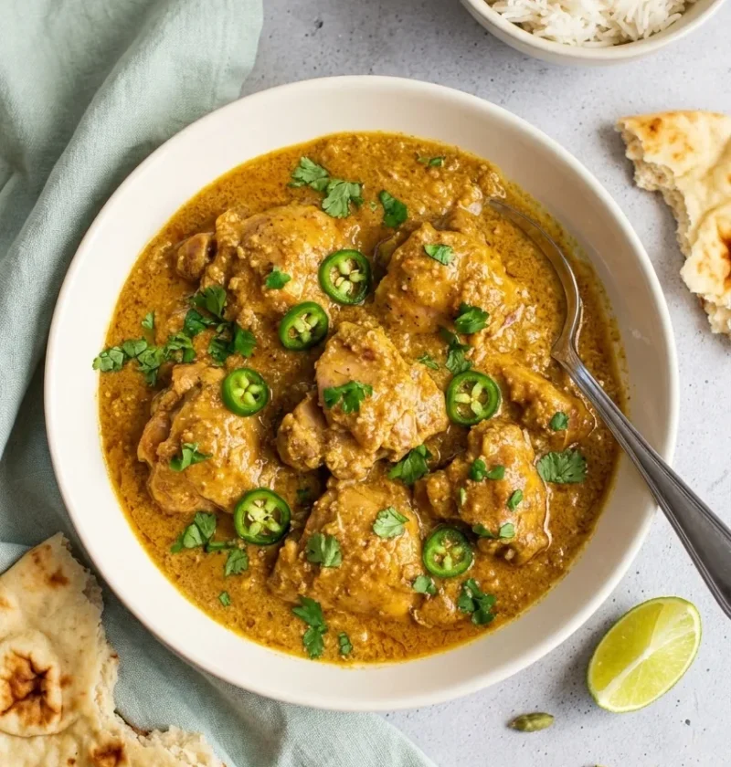 Chicken korma in a creamy golden almond sauce topped with green chillies and fresh coriander