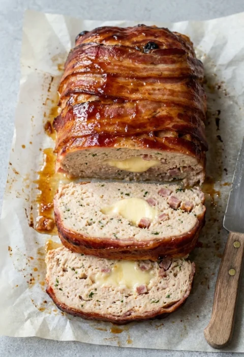 Hairy Bikers chicken meatloaf wrapped in bacon with a melting cheese centre, sliced