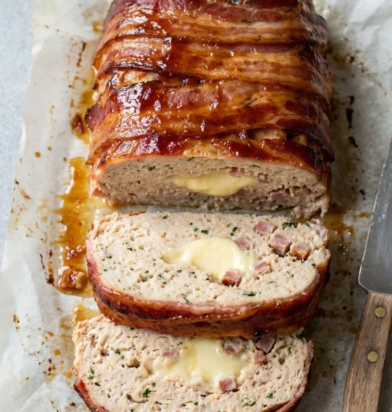 Hairy Bikers chicken meatloaf wrapped in bacon with a melting cheese centre, sliced