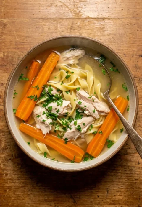 Chicken noodle soup with clear golden broth, egg noodles, carrot batons, torn chicken, and parsley in a rustic bowl