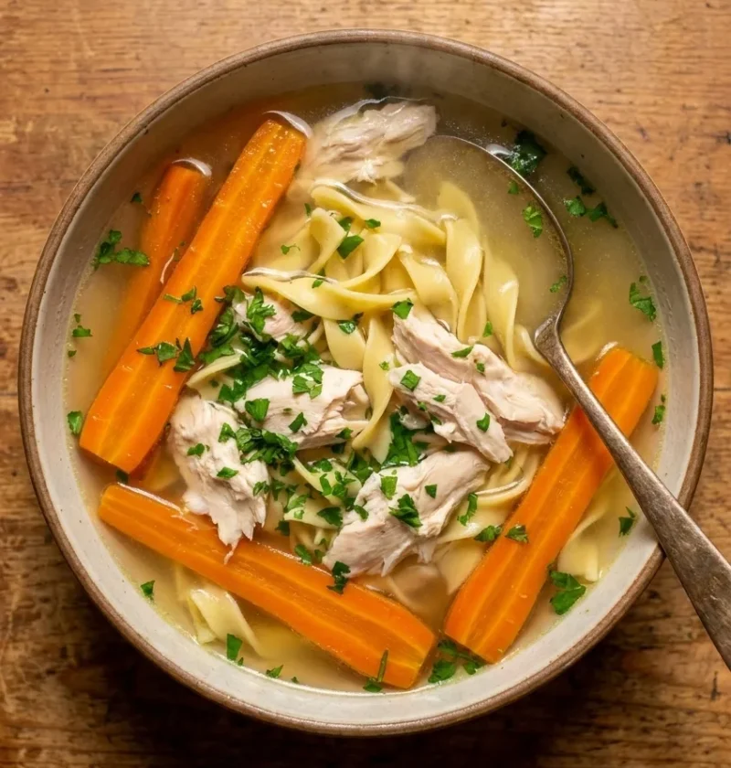 Chicken noodle soup with clear golden broth, egg noodles, carrot batons, torn chicken, and parsley in a rustic bowl