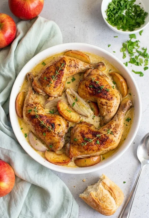 Chicken Normandy with crispy-skinned legs in a creamy cider sauce with caramelised apple wedges and banana shallots