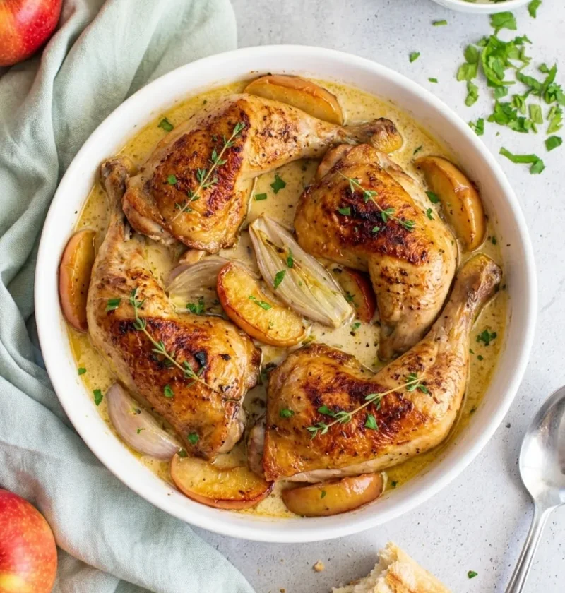 Chicken Normandy with crispy-skinned legs in a creamy cider sauce with caramelised apple wedges and banana shallots