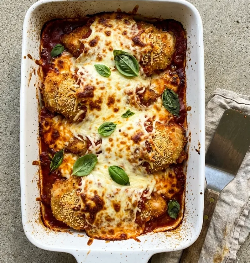 Chicken parmo parmigiana in a white baking dish with breaded chicken under melted browned mozzarella on a red tomato sauce with fresh basil leaves