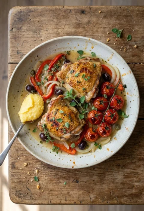 Hairy Bikers chicken provencal with olives, capers and roasted tomatoes in a white wine braise