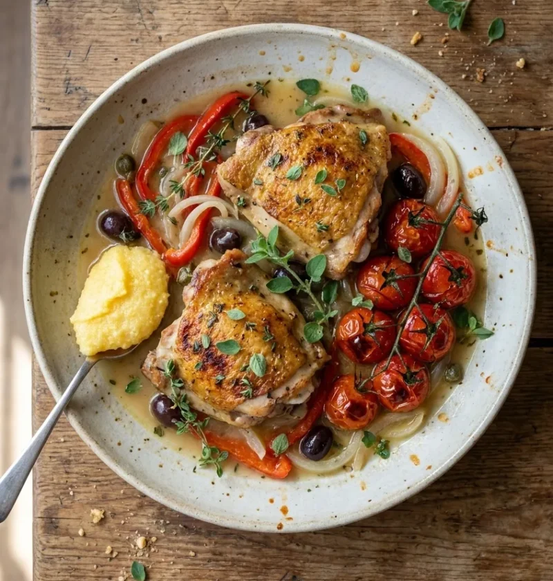Hairy Bikers chicken provencal with olives, capers and roasted tomatoes in a white wine braise