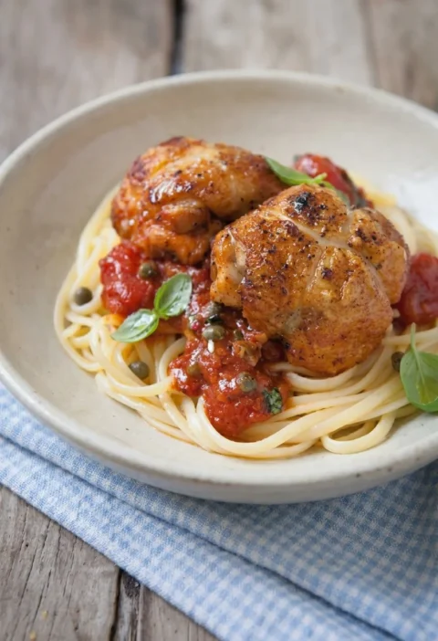 Hairy Bikers chicken puttanesca parcels on linguine with tomato, caper and basil sauce