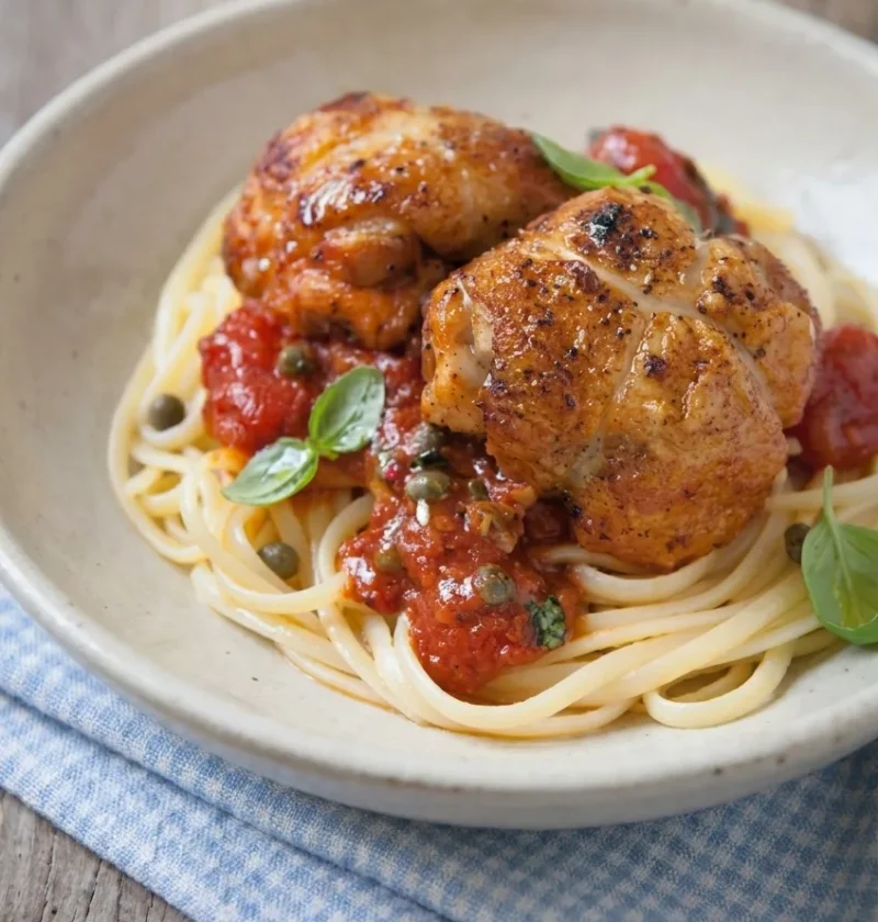 Hairy Bikers chicken puttanesca parcels on linguine with tomato, caper and basil sauce