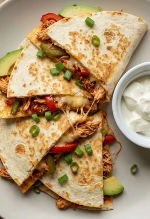 Hairy Bikers chicken quesadilla wedges with pulled chicken, peppers, melted cheese and soured cream