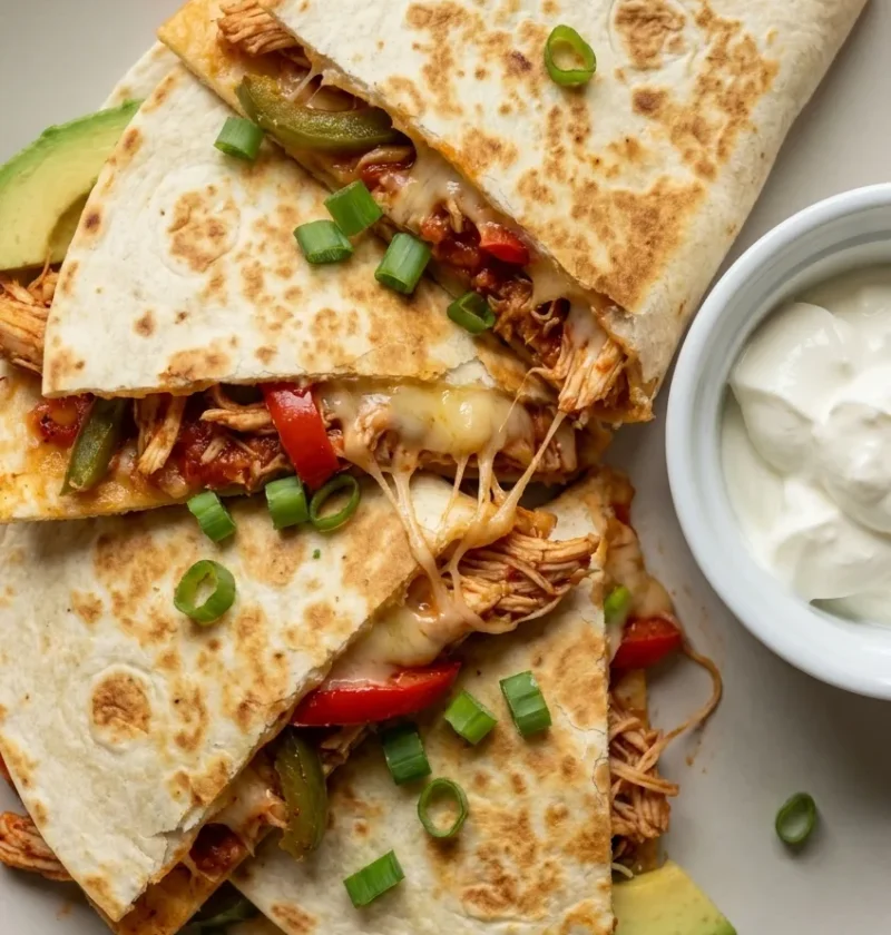 Hairy Bikers chicken quesadilla wedges with pulled chicken, peppers, melted cheese and soured cream
