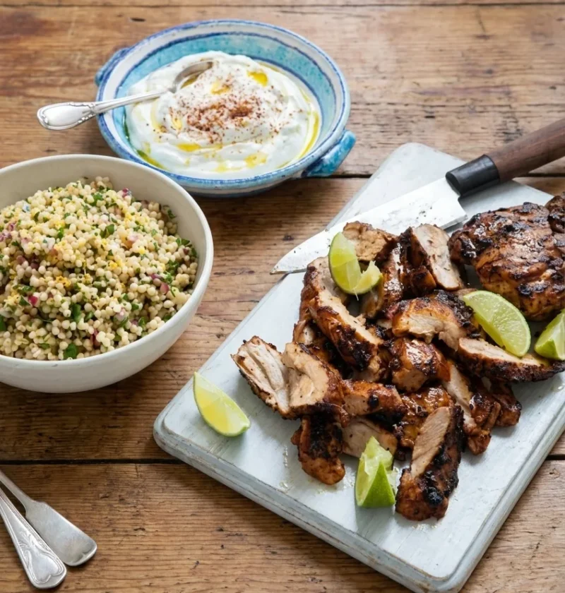 Hairy Bikers chicken shawarma sliced on a board with lime, labneh and herby couscous