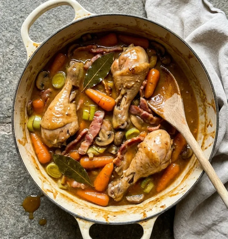 Old-fashioned chicken stew in a casserole dish with bone-in chicken pieces, Chantenay carrots, leek slices, mushrooms, and bacon in a thick cider sauce