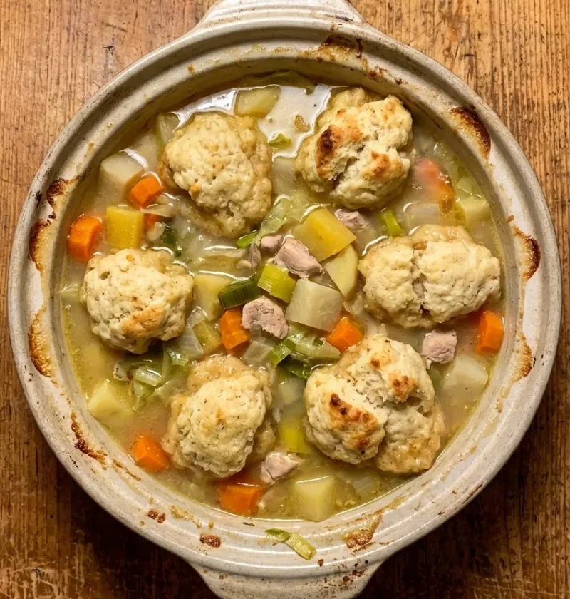 Chicken and dumpling stew with risen suet dumplings over a brothy root vegetable and chicken casserole