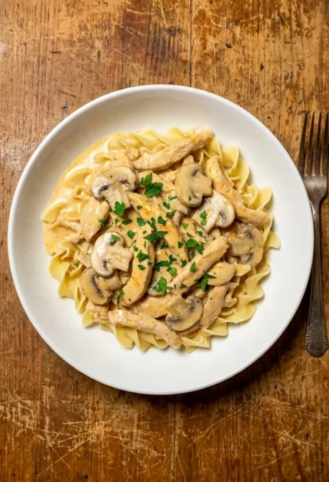 Creamy chicken stroganoff with strips of chicken, sliced mushrooms, and parsley over noodles