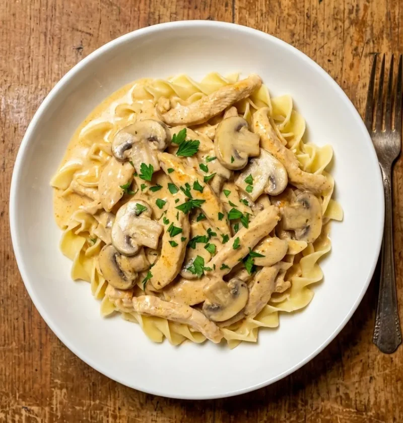 Creamy chicken stroganoff with strips of chicken, sliced mushrooms, and parsley over noodles