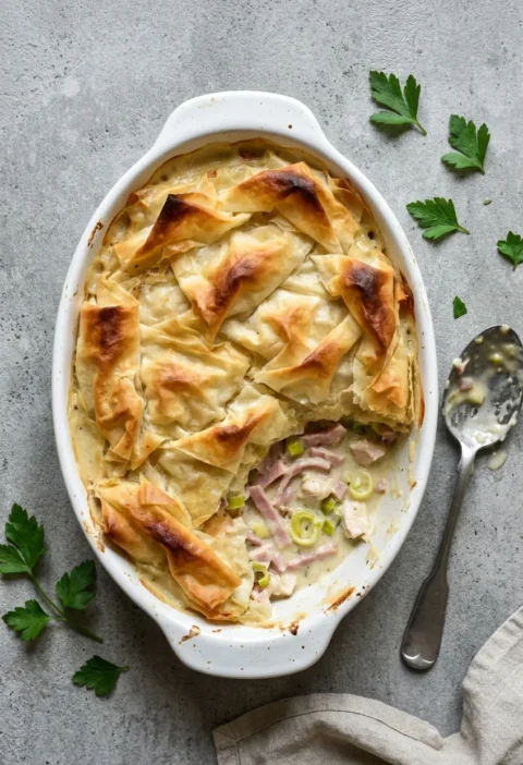 Chicken and ham tangle pie with scrunched golden filo pastry on top in a white oval dish, one corner scooped to show the creamy filling