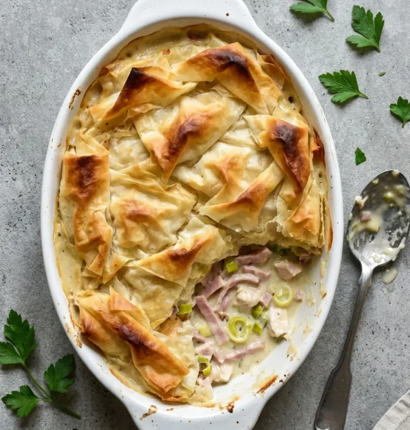 Chicken and ham tangle pie with scrunched golden filo pastry on top in a white oval dish, one corner scooped to show the creamy filling