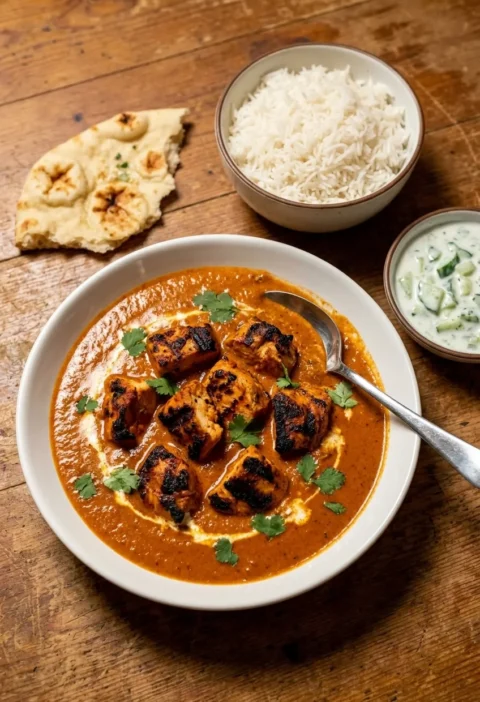 Chicken tikka masala with charred grilled chicken in a smooth orange masala sauce served with rice, naan, and raita