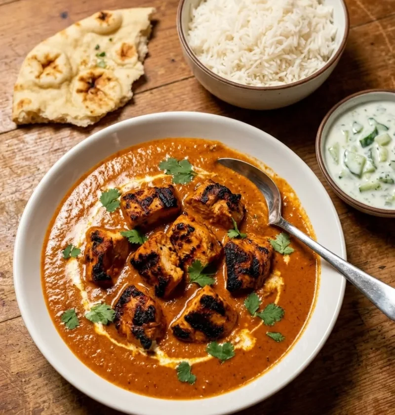 Chicken tikka masala with charred grilled chicken in a smooth orange masala sauce served with rice, naan, and raita