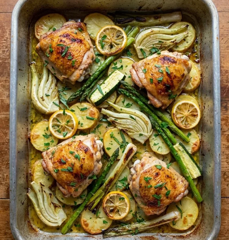 Hairy Bikers chicken traybake with bone-in chicken thighs, potatoes, fennel, lemon and asparagus in a roasting tin