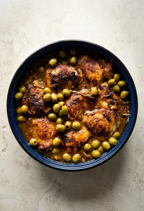 Hairy Bikers chicken yassa with browned thighs and green olives in a caramelised onion sauce