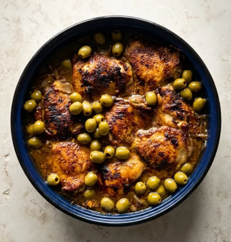 Hairy Bikers chicken yassa with browned thighs and green olives in a caramelised onion sauce