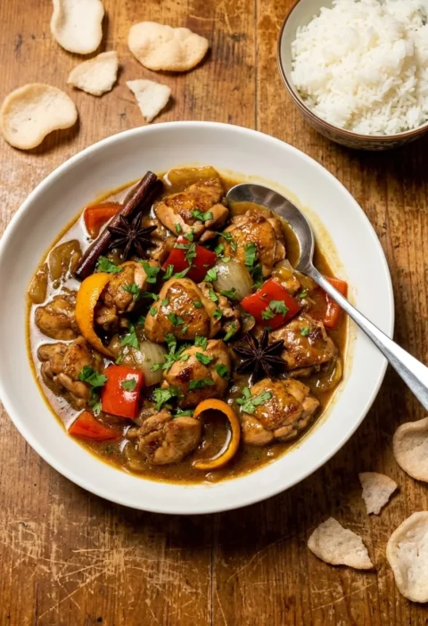 Chinese chicken curry with star anise, cinnamon, orange peel, red peppers, and coriander in a glossy sauce