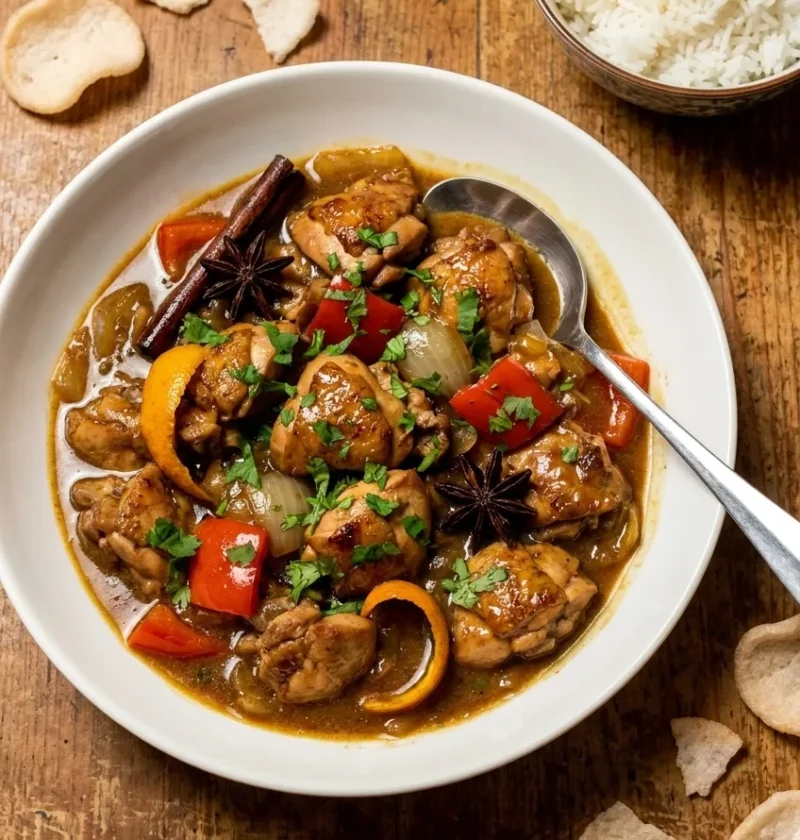 Chinese chicken curry with star anise, cinnamon, orange peel, red peppers, and coriander in a glossy sauce
