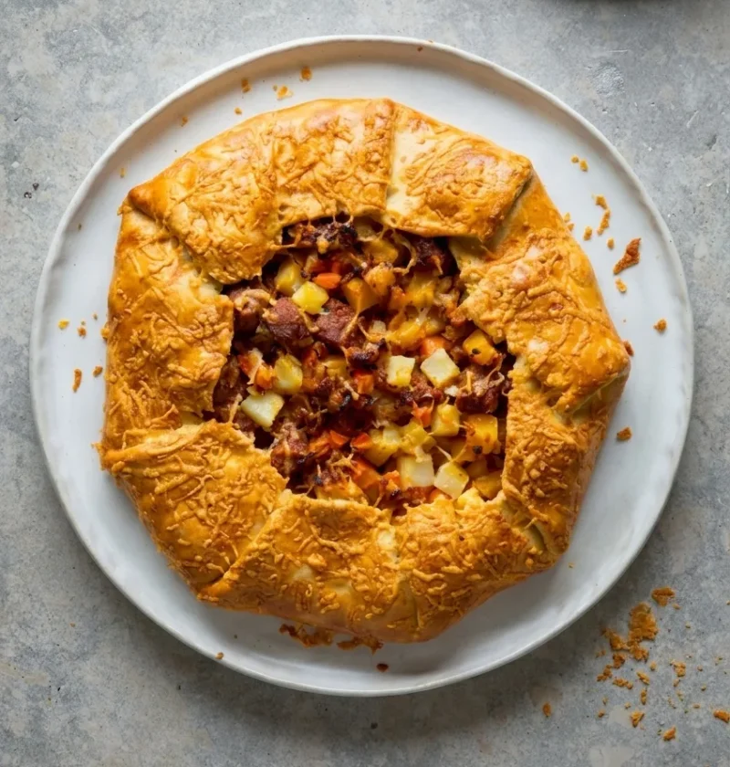 Hairy Bikers corned beef hash pie, a golden free-form galette with folded shortcrust edges and a cheddar crust over a corned beef, swede, carrot and potato filling
