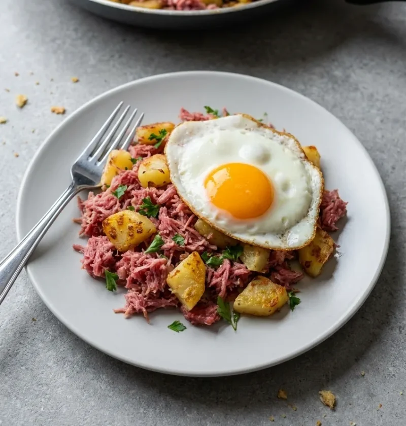 Hairy Bikers corned beef hash on a plate with a fried egg on top, crisped potatoes and shredded corned beef flecked with parsley, frying pan behind