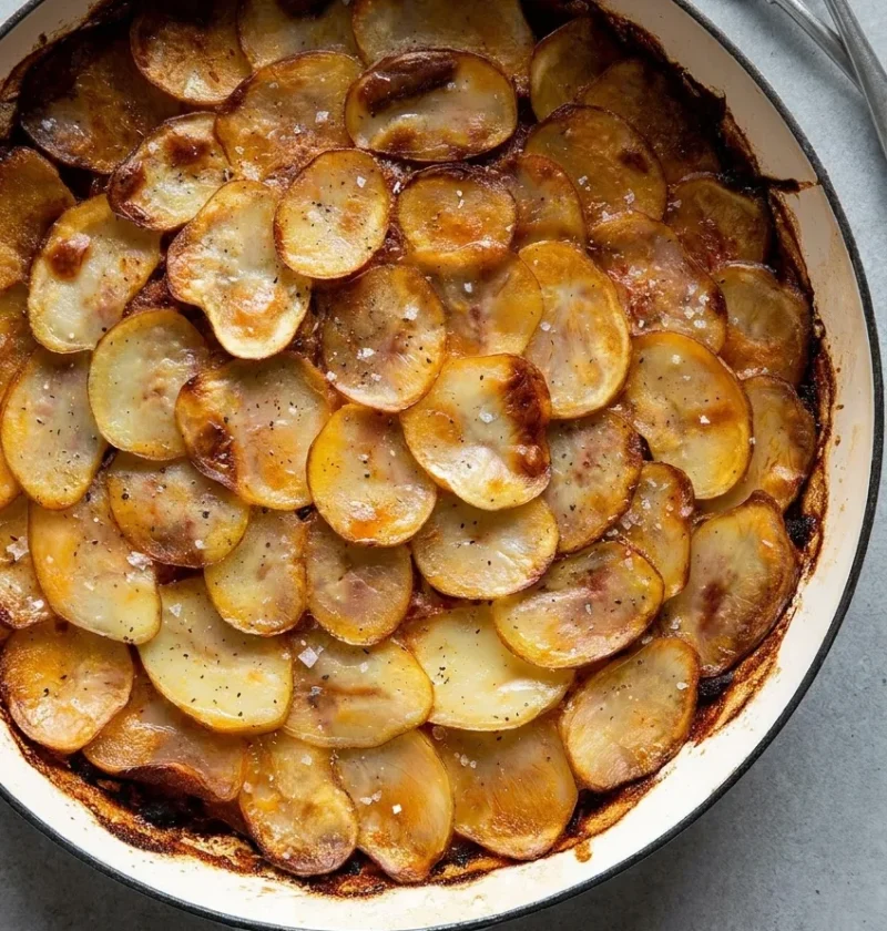 Hairy Bikers corned beef hotpot in a white casserole, overlapping golden crisped potato slices with sea salt and black pepper over layers of corned beef and onion gravy