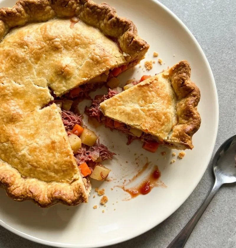 Hairy Bikers corned beef and onion pie with a slice cut out, showing corned beef, potato and carrot filling in golden shortcrust