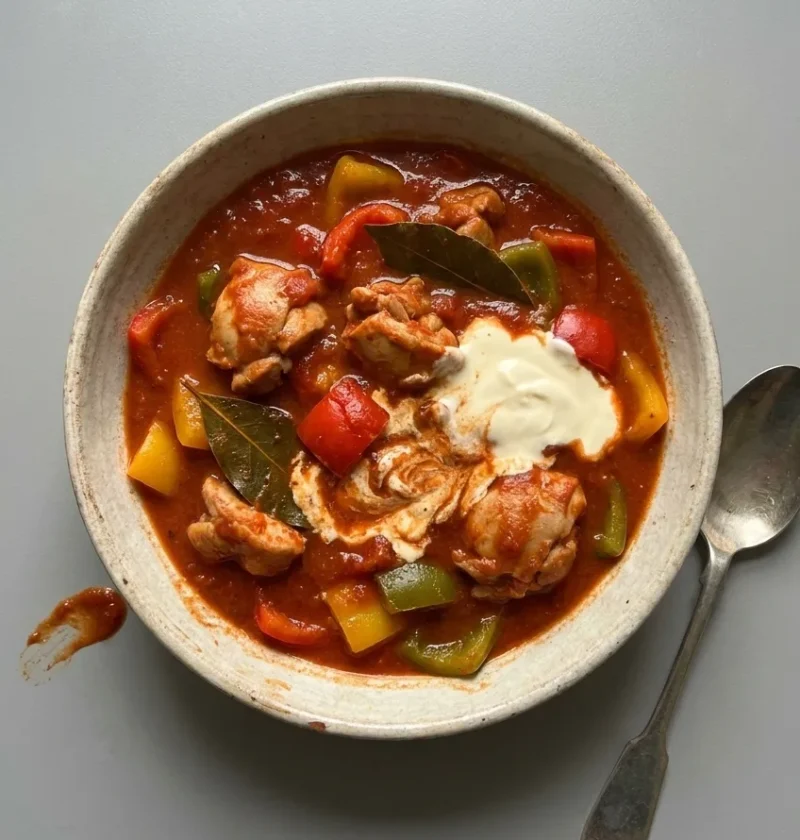 Hairy Bikers diet paprika chicken with peppers and creme fraiche in a bowl, 282 calories