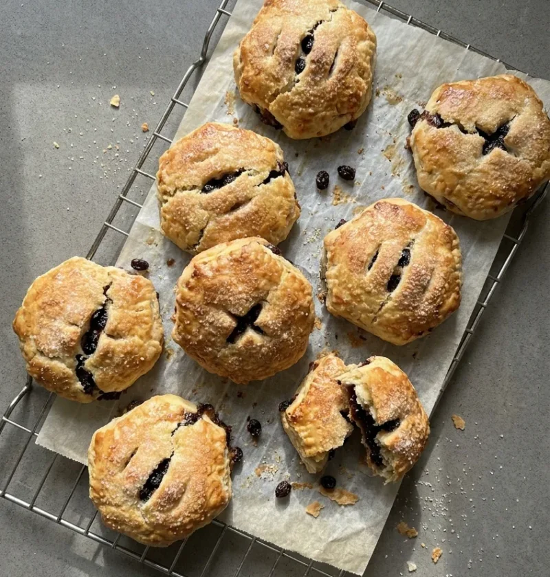 Hairy Bikers eccles cakes cooling on a wire rack with sugar glazed tops, knife slashes showing the currant filling and one broken open