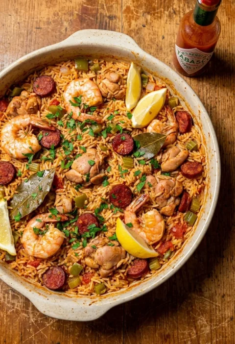 Jambalaya with Cajun rice, chicken, chorizo, and prawns in a pot with parsley, lemon wedges, and Tabasco